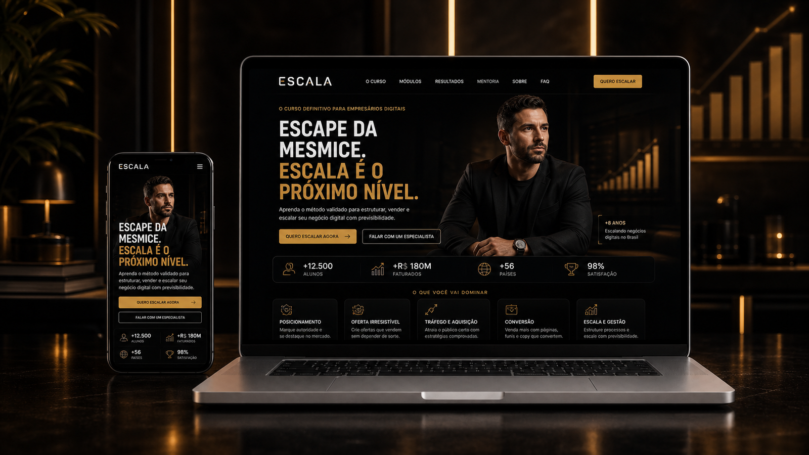 Landing page de vendas Escala exibida em notebook e celular